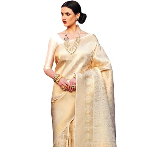 SWORNOF Womens Kanjivaram Soft Silk Saree Patola saree With Blouse Piece (WHITE)