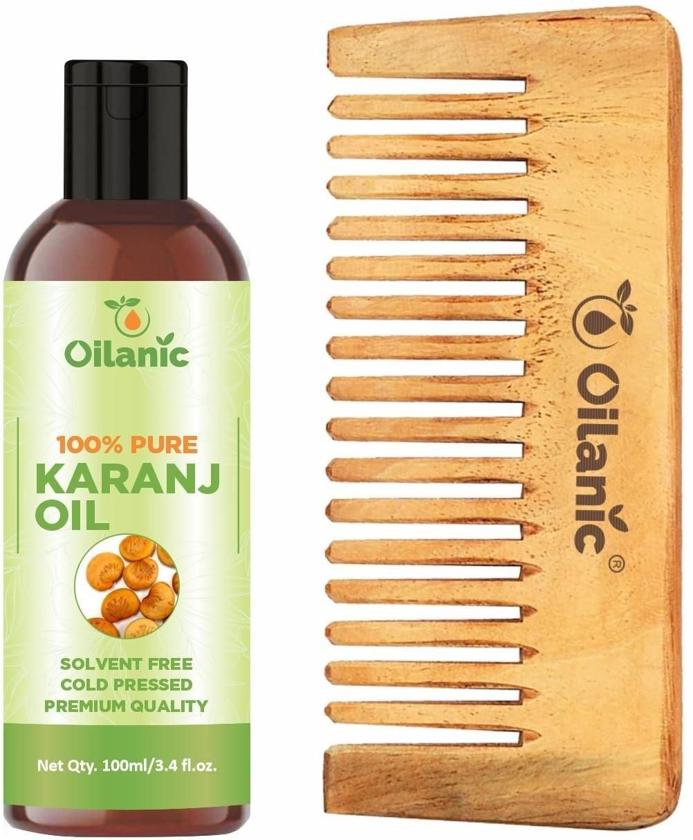 Oilanic  Pure & Natural Karanj Oil( 100 ml) & Herbal Handmade Medium Detangler Neem Wooden Comb(5.5 inches)- For Antidandruff Men & Women Combo Pack