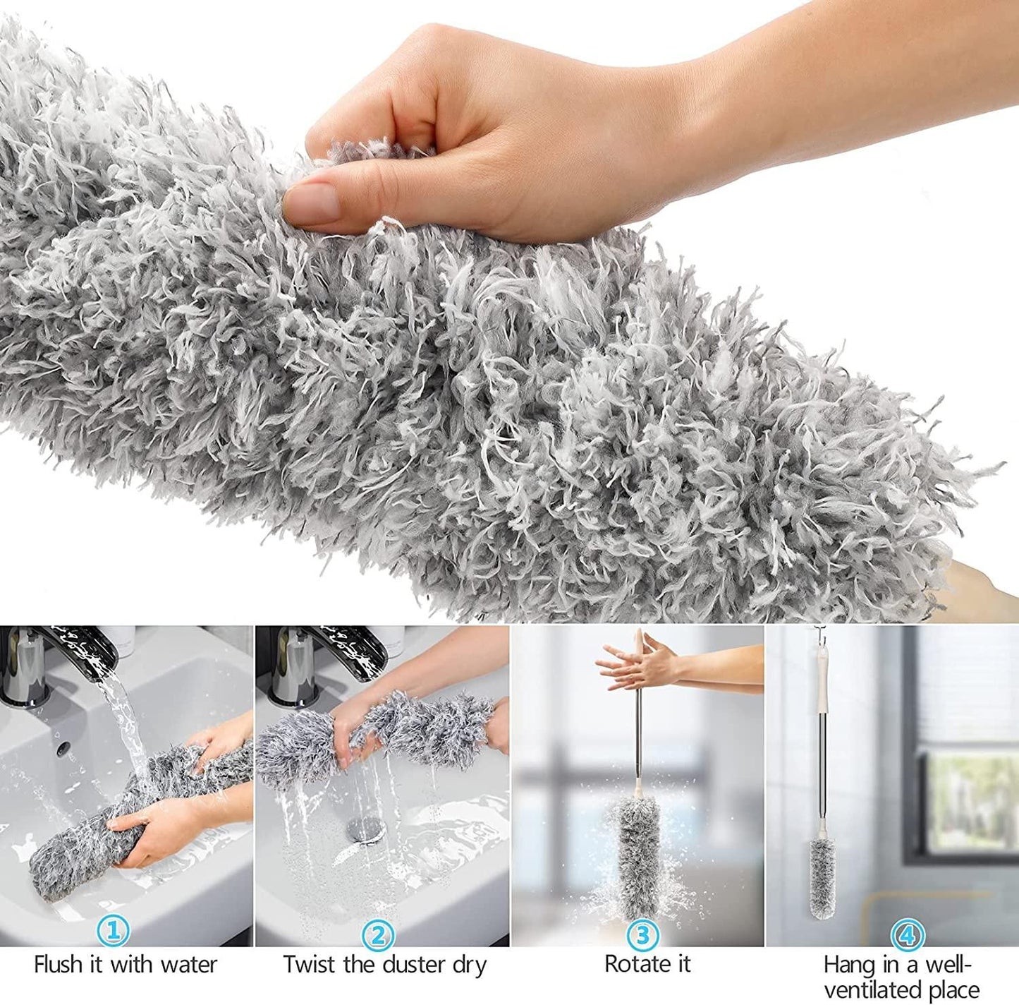 Microfiber Duster for Cleaning Telescopic Extension Long Pole Bendable Head, Scratch-Resistant Cover