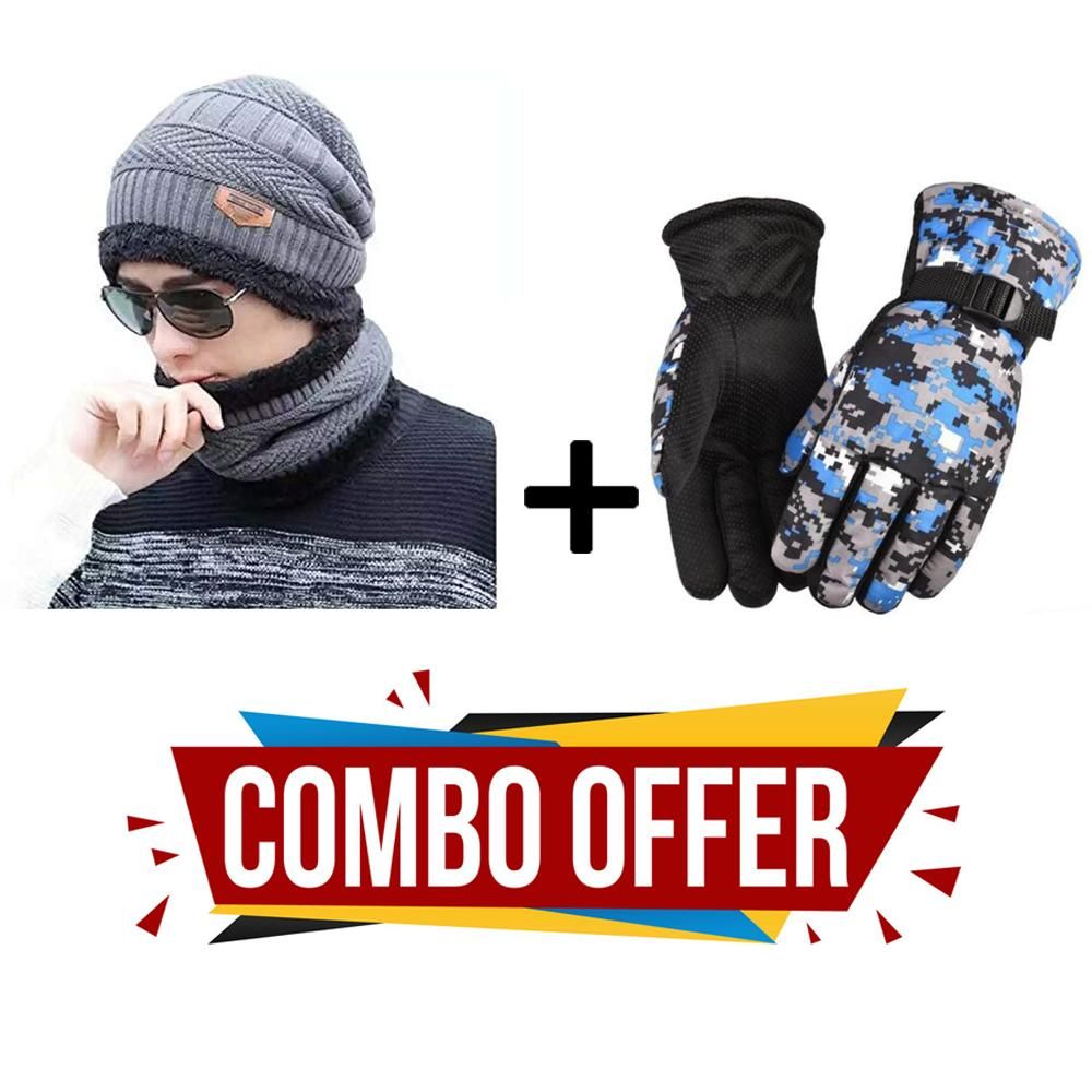 Winter Knit Beanie Cap Hat Neck Warmer Scarf With 1 Pair Gloves Combo Set Unisex