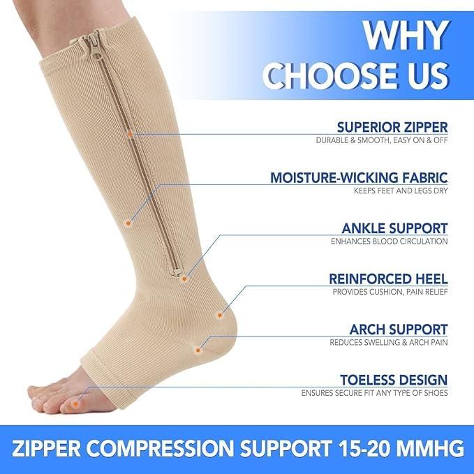 Zipper Socks for Pain Relief Swelling Leg Knee Ankle Socks Physical Therapy (Pack of 3)