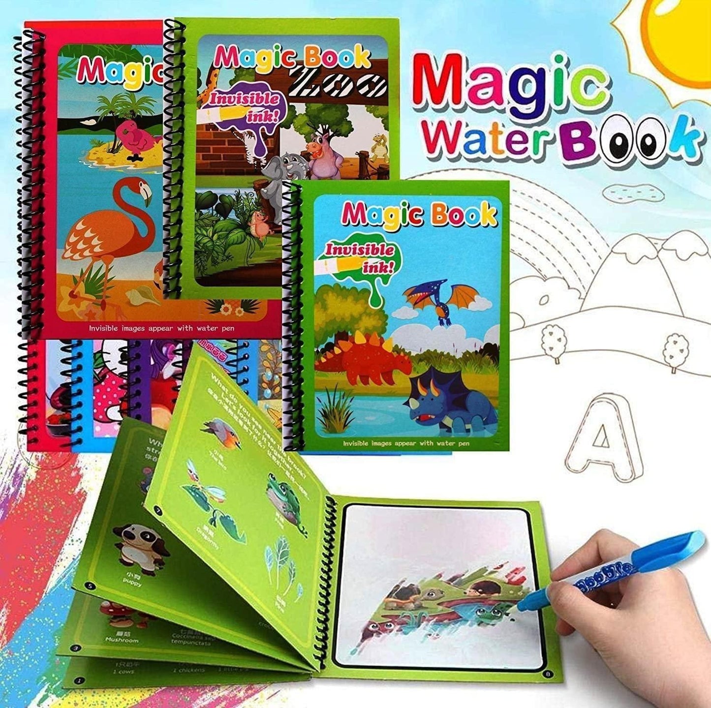 Reusable Magic Water Quick Dry Book Water Coloring Book Doodle with Magic Pen Painting Board for Children Education Drawing Pad (Multi Color, 4 Books)